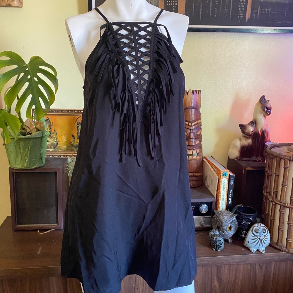 Ladies mini black boho fringe dress festival freebird rock cut out strappy